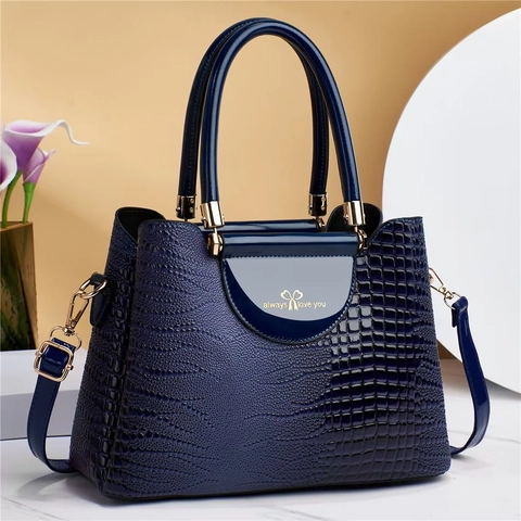 Damen Handtasche Große Kapazität PU Leder Krokodilmuster Glänzend Schulter Umhängetasche Elegant Vintage Herz Dekor