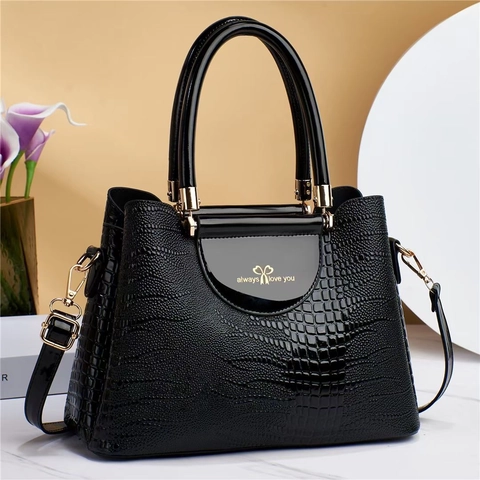 Damen Handtasche Große Kapazität PU Leder Krokodilmuster Glänzend Schulter Umhängetasche Elegant Vintage Herz Dekor