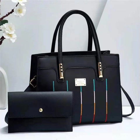 Damen Handtasche Und Geldbörse PU Leder Große Kapazität Tragetasche Umhängetasche Vertikale Streifen Stickerei Goldene Hardware Elegant