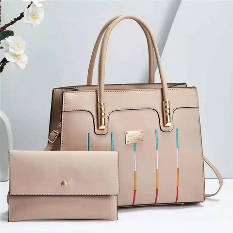 Damen Handtasche Und Geldbörse PU Leder Große Kapazität Tragetasche Umhängetasche Vertikale Streifen Stickerei Goldene Hardware Elegant