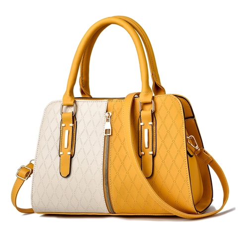 Women Contrast Color PU Leather Handbag Diamond Quilted Crossbody Shoulder Bag With Top Handle And Zipper Decor