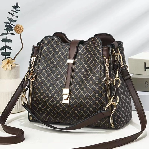 Women PU Leather Bucket Bag Monogram Print Large Capacity Contrast Color Shoulder Crossbody Handbag Gold Hardware