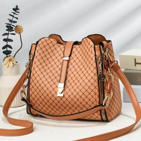 Women PU Leather Bucket Bag Monogram Print Large Capacity Contrast Color Shoulder Crossbody Handbag Gold Hardware