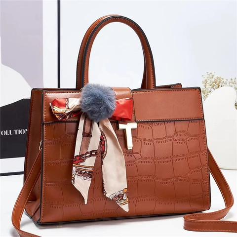 Crocodile Pattern PU Leather Tote Handbag Women Large Capacity Shoulder Crossbody Bag With Satin Scarf Fur Ball Pendant