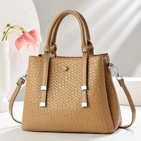 Women Woven PU Leather Handbag Large Capacity Embossed Square Pattern Shoulder Crossbody Bag With Top Handle Zipper