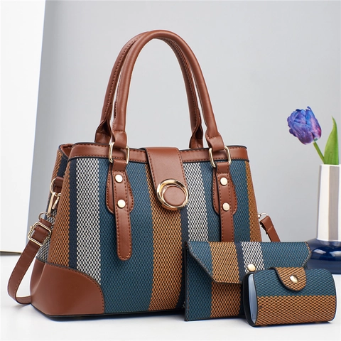 Borsa A Mano A Righe Da Donna Borsa A Tracolla Tote Con Portafoglio A Busta E Mini Astuccio Pelle PU Grande Capacità Semplice