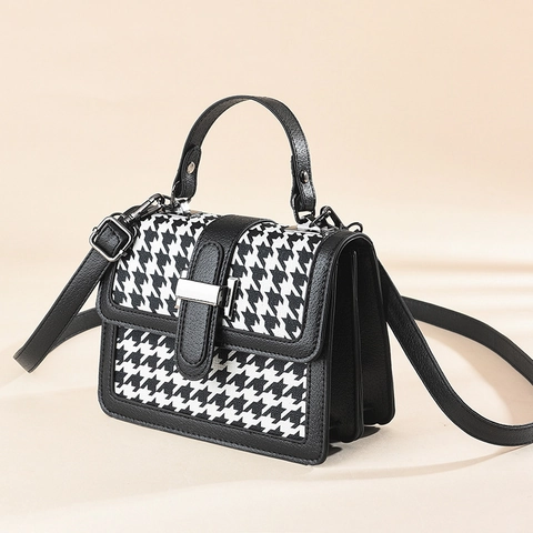 Damen PU Leder Kleine Quadratische Umhängetasche Karomuster Hahnentritt Umhängetasche Handtasche Mit Metallschnalle Retro Griff