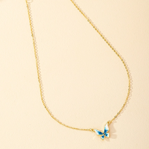Collana Con Pendente Farfalla In Smalto Lega Placcata Oro Sfumato Blu Bianco Gioielli Eleganti Moda Donna