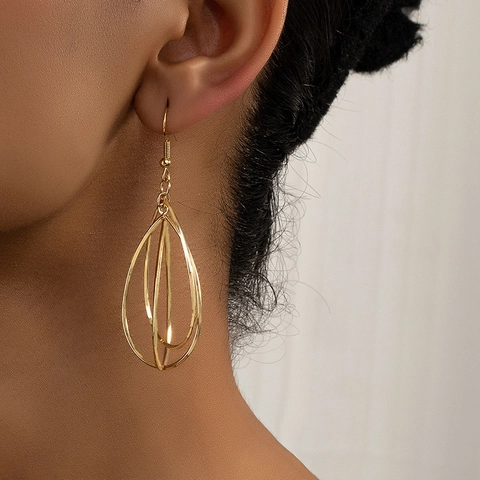 Mode Multi Layered Holle Teardrop Hangende Oorbellen Voor Vrouwen Legering Geometrische Waterdruppel Vorm Vishaken Sieraden