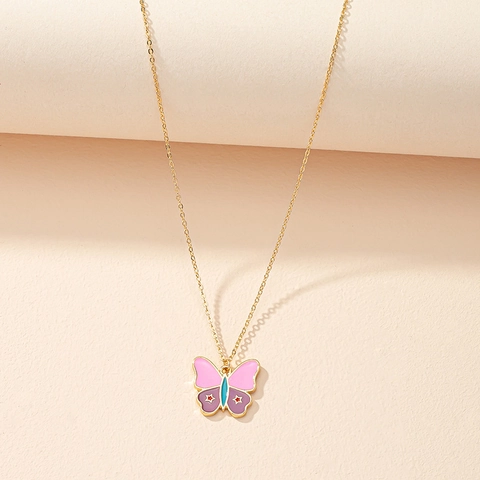 Butterfly Pendant Necklace Colorful Enamel Alloy Drip Oil Star Pattern Golden Chain Fashion Jewelry Women