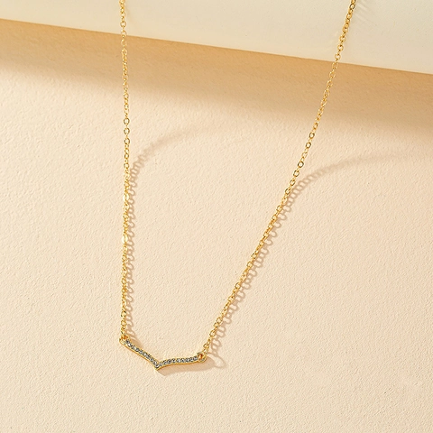 Elegant V Shaped Pendant Necklace Gold Color Alloy With Paved Sparkling Rhinestones Simple Versatile Jewelry For Women