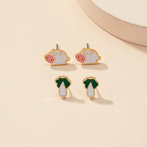 Pendientes De Botón Cerdito Dibujos Animados Y Col China Asimétricos Cobre Esmalte Joyería Divertida Regalo Mujeres