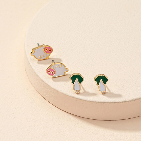 Pendientes De Botón Cerdito Dibujos Animados Y Col China Asimétricos Cobre Esmalte Joyería Divertida Regalo Mujeres