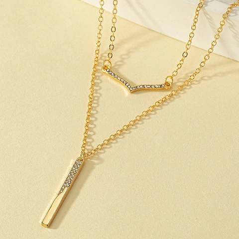 Double Layer Necklace Alloy Gold Plated Rhinestone V Shaped Vertical Bar Pendant Fashion Jewelry For Women Elegant