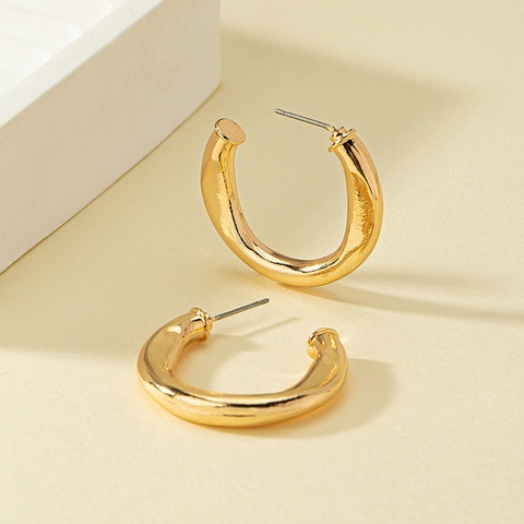 Twisted C-Shape Hoop Earrings With Silver Earring Post Alloy Polished Gold Irregular Minimalist Fashion For Women