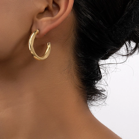 Twisted C-Shape Hoop Earrings With Silver Earring Post Alloy Polished Gold Irregular Minimalist Fashion For Women