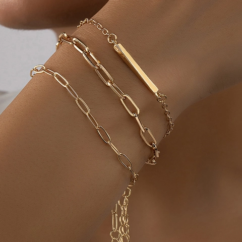 Layered Bracelets For Women Minimalist Gold Plated Alloy Paperclip Chain And Geometric Bar Pendant Fashion Jewelry