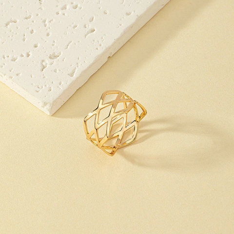 Hollow Geometric Mesh Ring Adjustable Metal Wide Band Grid Pattern Modern Minimalist Fashion Jewelry For Women