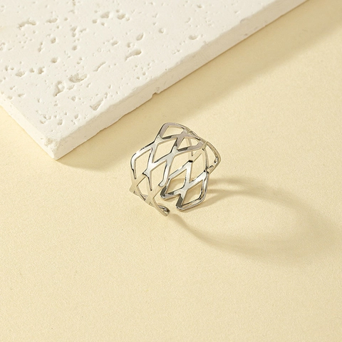 Hollow Geometric Mesh Ring Adjustable Metal Wide Band Grid Pattern Modern Minimalist Fashion Jewelry For Women