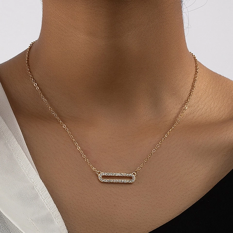 Elegante Collana In Lega Placcata Oro Per Donna Pendente Geometrico Rettangolare Cavo Con Micro Strass Moda