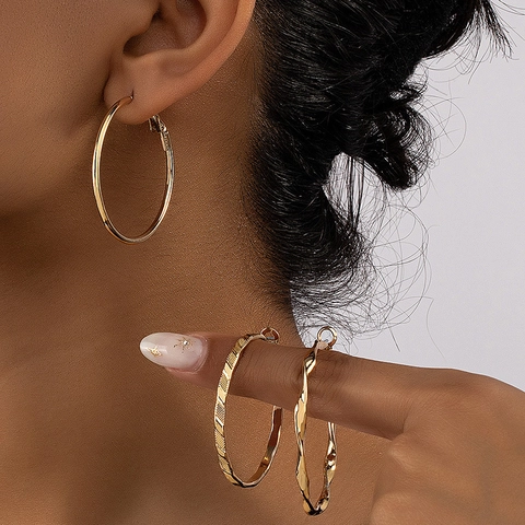 Gold Plated Alloy Hoop Earrings Smooth Twisted Textured Geometric Jewelry For Women