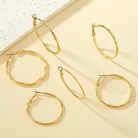 Gold Plated Alloy Hoop Earrings Smooth Twisted Textured Geometric Jewelry For Women