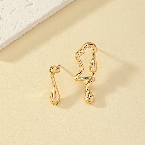 Asymmetric Gold Alloy Stud Earrings Liquid Metal Molten Lava Design Abstract Fluid Modern Minimalist Jewelry Women