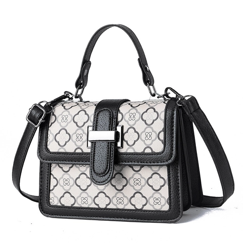 Women Fashion PU Leather Handbag Checkerboard Houndstooth Clover Pattern Quilted Retro Square Shoulder Crossbody Small Bag