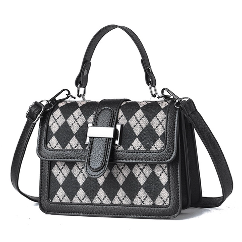 Women Fashion PU Leather Handbag Checkerboard Houndstooth Clover Pattern Quilted Retro Square Shoulder Crossbody Small Bag