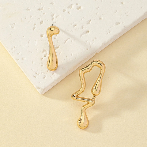 Asymmetric Gold Alloy Stud Earrings Liquid Metal Molten Lava Design Abstract Fluid Modern Minimalist Jewelry Women