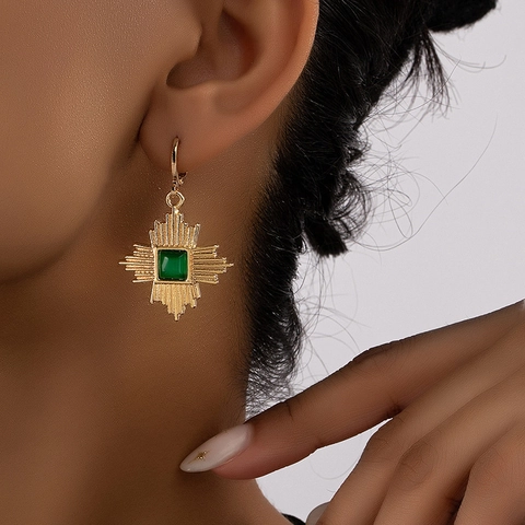 Alloy Drop Earrings With Square Green Stone Sunburst Pattern Retro Geometric Fashion Jewelry Accessories For Women