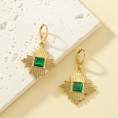 Alloy Drop Earrings With Square Green Stone Sunburst Pattern Retro Geometric Fashion Jewelry Accessories For Women