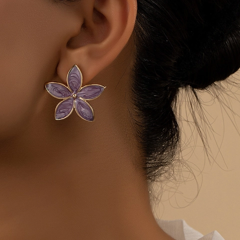 Purple Enamel Flower Stud Earrings For Women Alloy Gold Plated Marble Texture Five Petal Floral Elegant Jewelry