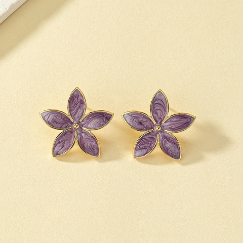 Purple Enamel Flower Stud Earrings For Women Alloy Gold Plated Marble Texture Five Petal Floral Elegant Jewelry