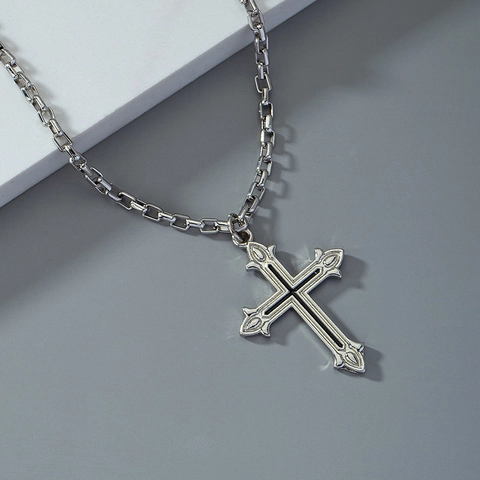Gothic Cross Pendant Necklace Retro Silver Color Alloy Enamel Box Chain Punk Rock Jewelry For Men Women