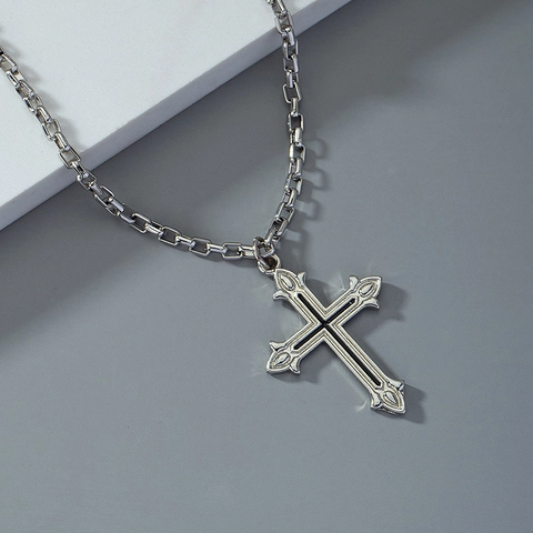 Gothic Cross Pendant Necklace Retro Silver Color Alloy Enamel Box Chain Punk Rock Jewelry For Men Women