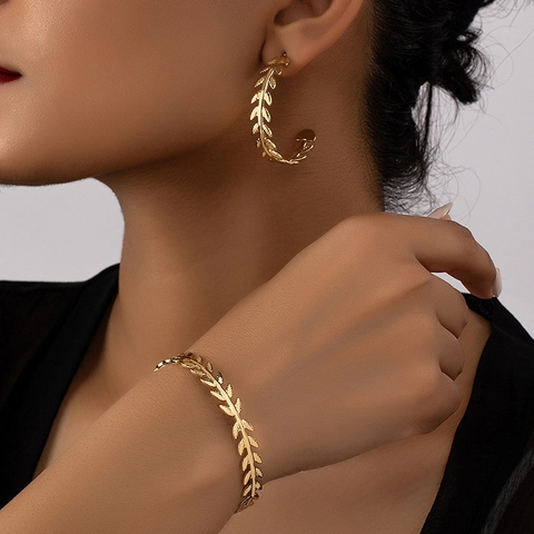 Collezione Gioielli Lega Placcata Oro Motivo Foglia Alloro Grano Orecchini C E Bracciale Aperto Moda Elegante Donna