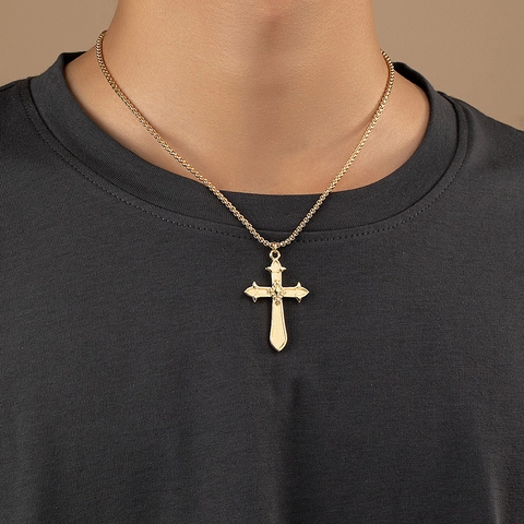 Collana Con Pendente A Croce Gotica In Lega Vintage Goffrata Floreale Catena A Scatola Per Uomo Donna Accessorio Moda