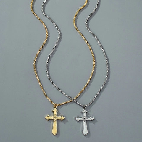Collana Con Pendente A Croce Gotica In Lega Vintage Goffrata Floreale Catena A Scatola Per Uomo Donna Accessorio Moda