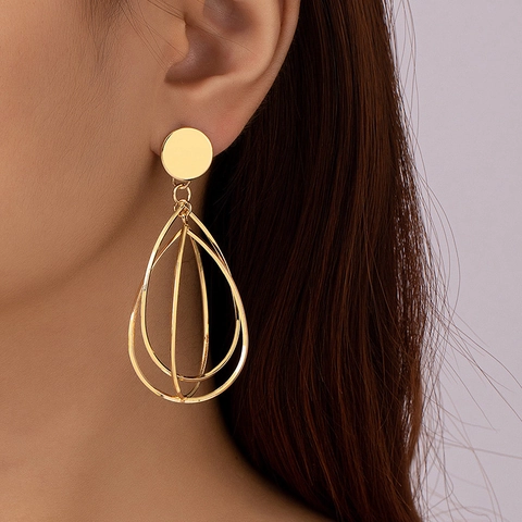 Gold Multi-Layered Teardrop Dangle Earrings Alloy Geometric Hollow Water Drop Elegant Jewelry For Women
