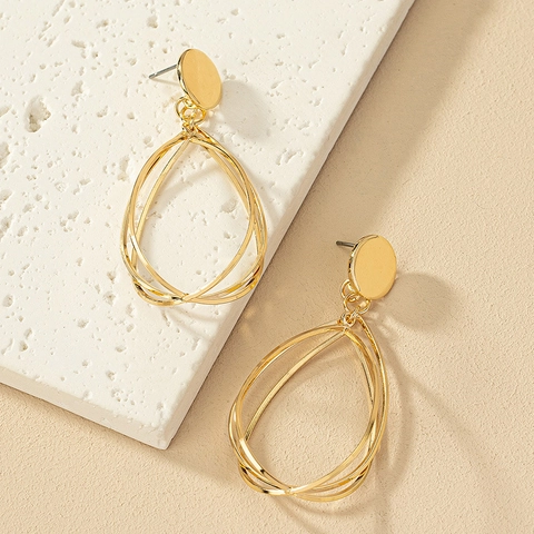 Gold Multi-Layered Teardrop Dangle Earrings Alloy Geometric Hollow Water Drop Elegant Jewelry For Women