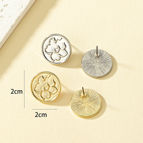 Vintage Camellia Flower Relief Round Disc Stud Earrings Alloy Matte Gold Silver Tone Floral Jewelry For Women