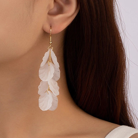 Weiße Blütenblatt Lange Hänger Ohrringe Transparente Harz Muschel Stil Gold Legierung Kette Urlaub Schmuck Für Damen