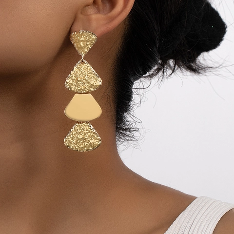 Gold Multi Layer Geometric Dangle Earrings Hammered Texture Alloy Triangle Retro Jewelry For Women