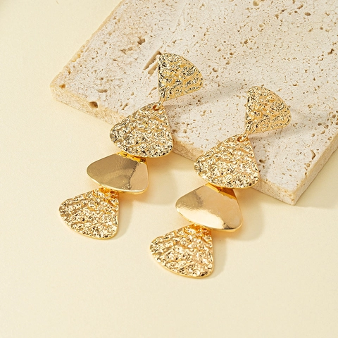 Gold Multi Layer Geometric Dangle Earrings Hammered Texture Alloy Triangle Retro Jewelry For Women
