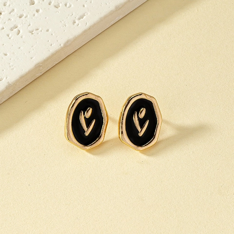 Vintage Alloy Stud Earrings Black Enamel Irregular Geometric Golden Tulip Flower Floral Design Elegant For Women