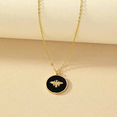 Collier Pendentif Abeille En Alliage Émail Pièce Ronde Goutte D'huile Chaîne De Clavicule Bijoux Élégants Vintage Femmes
