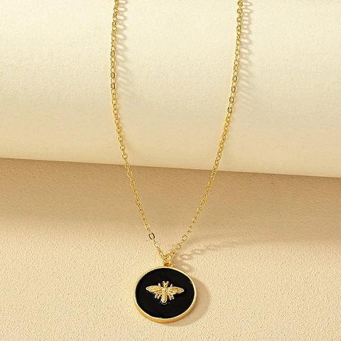 Collier Pendentif Abeille En Alliage Émail Pièce Ronde Goutte D'huile Chaîne De Clavicule Bijoux Élégants Vintage Femmes