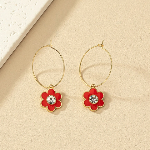 Bloem Hoepel Drop Oorringen Legering Emaille Rhinestone Elegant Rood Bloemen Sieraden Voor Vrouwen Trendy Mode Accessoire