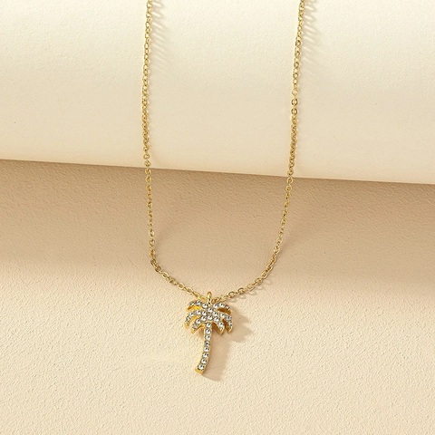 Alloy Rhinestone Palm Tree Pendant Necklace Gold Color Summer Beach Style Tropical Jewelry For Women